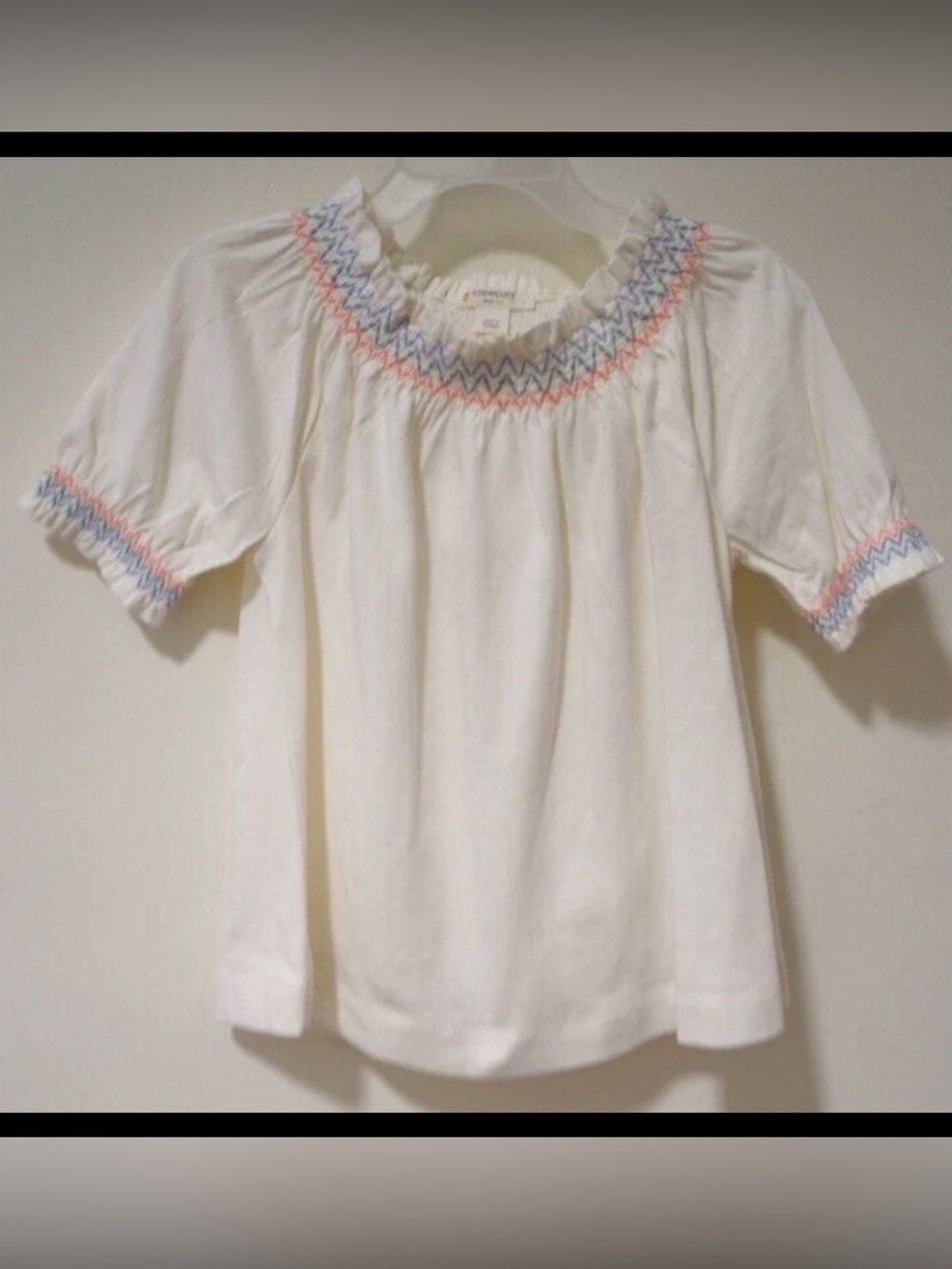 Crewcuts Off White Short Sleeve Smocked Top with Pink & Blue Stitching
